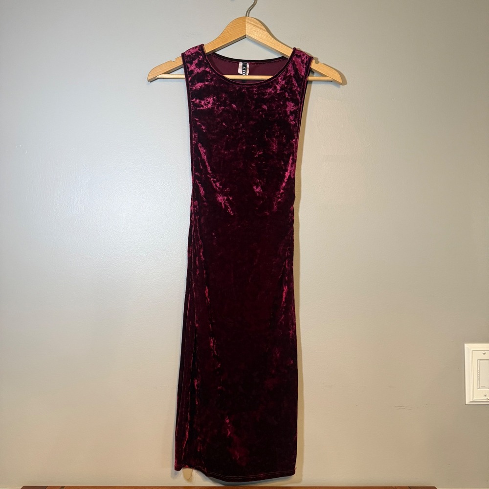 Burgundy Crushed Velvet Midi Bodycon Dress Sleeveless Round Neck Womens Size M